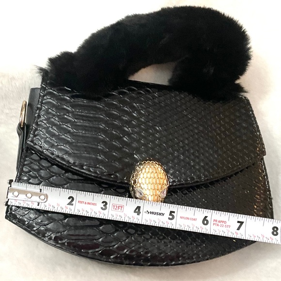 Wine Burgundy Faux Fur and Snakeskin Top Handle Handbag with shoulder strap - Picture 11 of 16